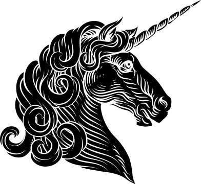 Unicorn horse head, an original illustration in a retro woodcut etching vintage style