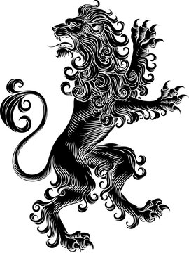 A heraldry coat of arms crest style rearing heraldic lion standing on hind legs in a vintage style