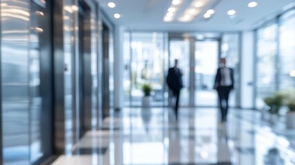 Fototapeta premium Blurred business office hallway with professionals walking in modern corporate interior architecture design concept.