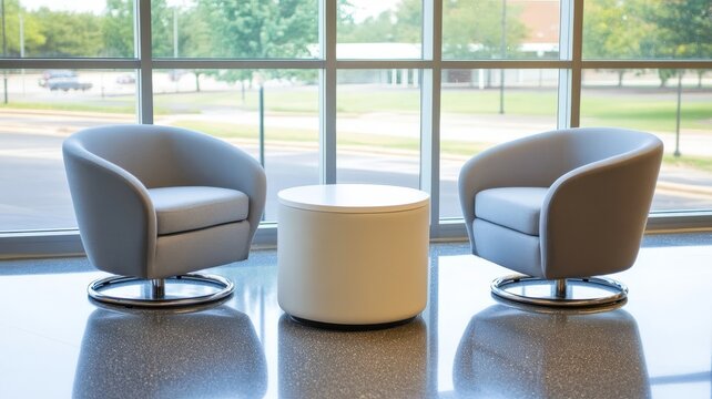 Modern lounge area featuring two comfortable grey swivel armchairs beside a round side table in a bright contemporary office lobby setting.