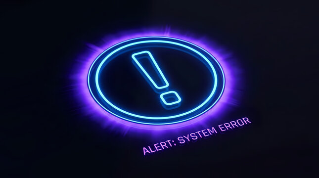 Glowing neon system alert error icon with digital text technology exclamation computer software