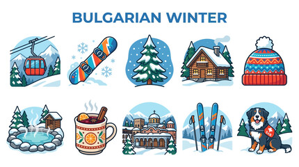 Bulgarian Winter Scene Collection with Skiing and Snowboarding Elements. © zyaa