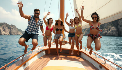 Obraz premium Group of friends enjoying a boat ride and jumping off a sailboat in the ocean on a sunny day