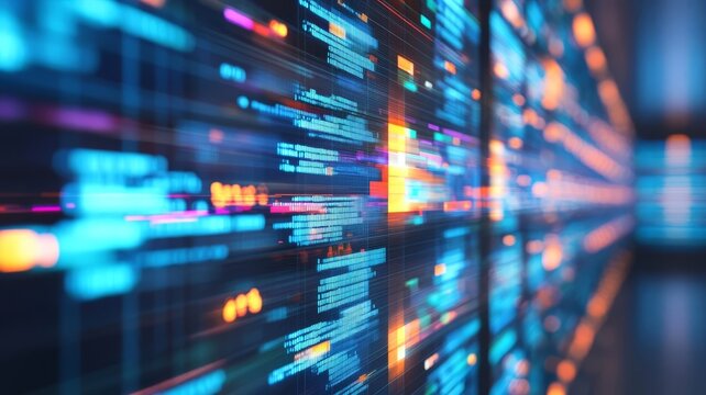 Abstract digital data flow background with glowing code lines and futuristic cyber security network information technology visualization.