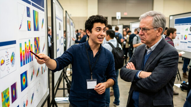 Young man researcher explaining scientific poster to mature mentor at academic conference. Scientist presenting data charts to colleague. Professional education and research collaboration.