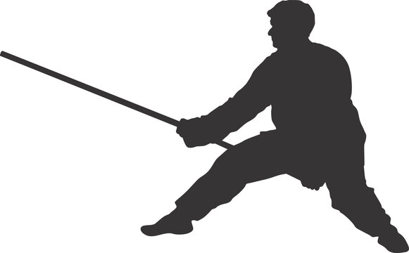 Gray Silhouette Fencing stick Fighting Stance &mdash; Sport Combat Action Pose Illustration on Transparent Background
