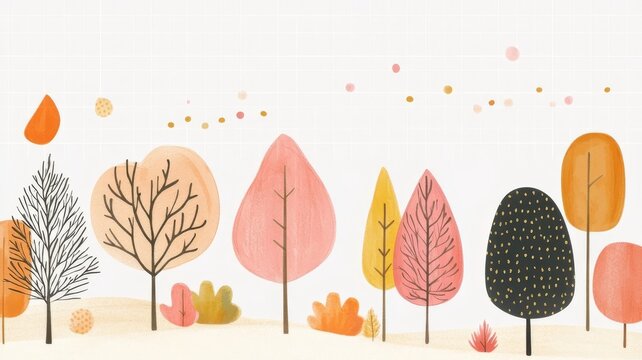 Minimalist autumn forest illustration with vibrant painted trees and falling leaves graphic art for seasonal background designs.