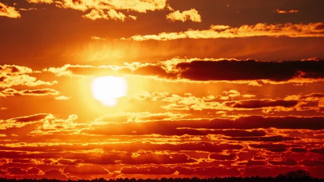 The bright sun sets behind layers of dark clouds in a fiery orange sky. This dramatic time lapse captures the majestic beauty of nature and the passing of time.