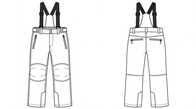 Technical ski pants with suspenders, front and back view, line art illustration on white background.