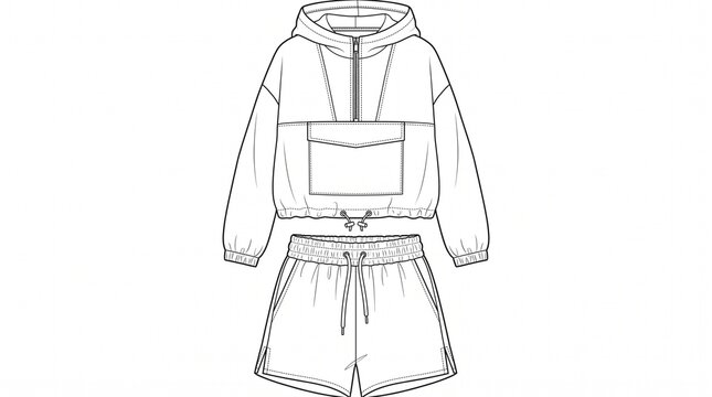 Fashion illustration of a women's two-piece tracksuit with a hooded anorak and shorts, perfect for activewear and casual style.