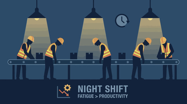 Tired Factory Workers on Night Shift Assembly Line Fatigue and Low Productivity Concept Vector Illustration