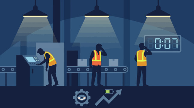 Tired Factory Workers on Night Shift Assembly Line Fatigue and Low Productivity Concept Vector Illustration