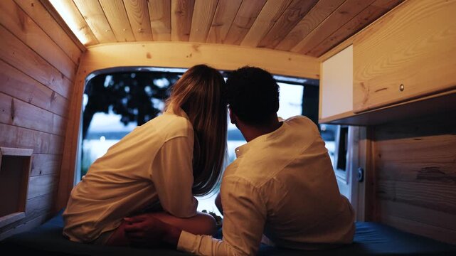 Rear view of a young multiracial couple cuddling in a custom camper van at dusk. The man is taking a selfie with his smartphone