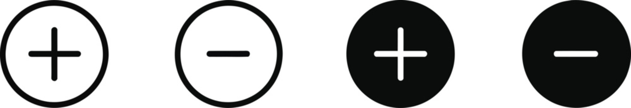 Plus and Minus Icon Set in Outline and Filled Styles for User Interface and Control Design