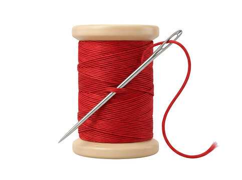 Wooden spool with red thread and metallic sewing needle 3d illustration on transparent background.