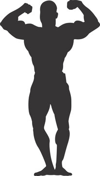 Gray Silhouette Bodybuilder Both Arms Flexing Muscles &mdash; Fitness Gym Strength Pose Illustration on Transparent Background
