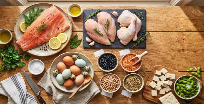 Top View of High Protein Foods Including Salmon Chicken Eggs Lentils Beans Tofu and Edamame on Wooden Table, Healthy Nutrition and Balanced Diet Concept