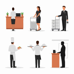 Fototapeta premium Hotel staff workers in uniform performing tasks at reception desk and restaurant service.