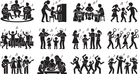 Set of stick figures depicting people playing various musical instruments and dancing to music © Shammi