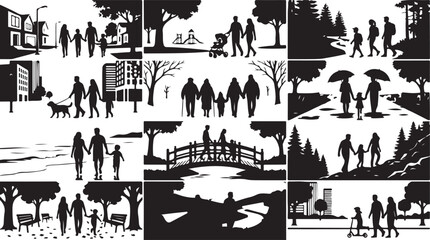 Fototapeta premium Set of silhouettes of families walking in different locations, city, park, forest, beach, and bridge