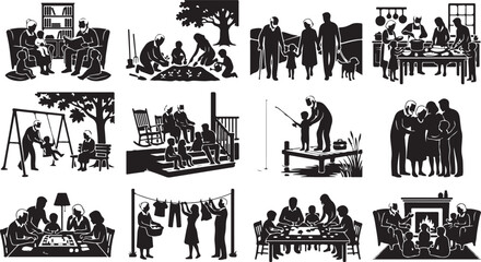 Obraz premium Set of black and white silhouettes depicting various family activities and multigenerational bonding moments