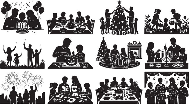Set of black silhouettes of families celebrating various holidays and events