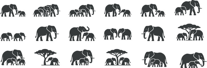  Elephant family and baby calves dark gray silhouettes vector icons set with African acacia trees isolated on white background © Partho