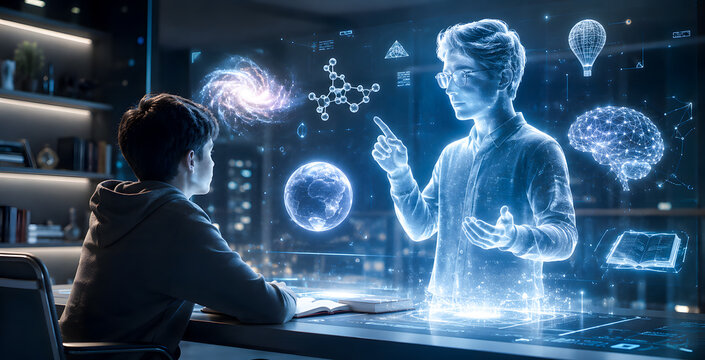 Futuristic AI teacher hologram instructing a student in a virtual classroom. EdTech concept with digital globe, brain, and science interface.