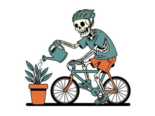 Obraz premium Skeleton riding bicycle and watering potted plant vector illustration