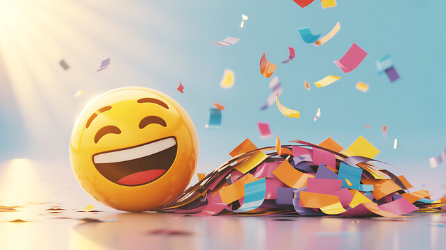 A 3d rendering of a laughing emoji with confetti and colorful pieces of paper flying around it on a sunny day