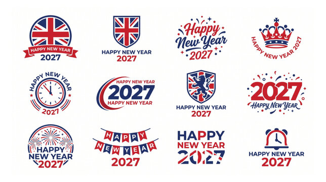 Happy new year 2027 assorted british themed graphic elements and icons with united kingdom great britain union jack big ben alarm clock graphic design celebration greeting fireworks