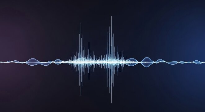 Abstract digital sound wave visualization with dynamic blue light and complex audio waveform against dark background