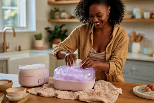 Smiling woman sterilizing baby bottles in kitchen at home