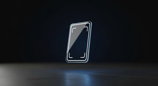 Floating biometric face scanner icon with glowing blue and white outlines on a dark, reflective surface representing futuristic digital security and identification technology