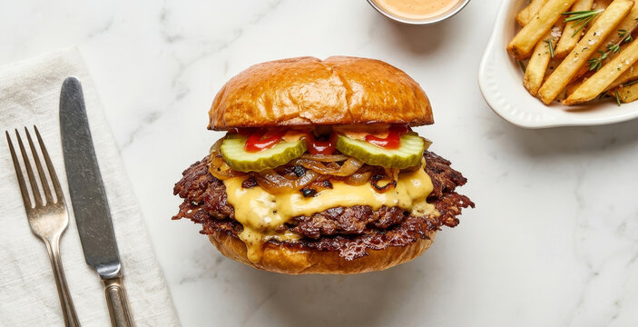 Gourmet Smash Burger with Melted Cheese Caramelized Onions Pickles and Brioche Bun Served with French Fries and Dipping Sauce on Marble Background