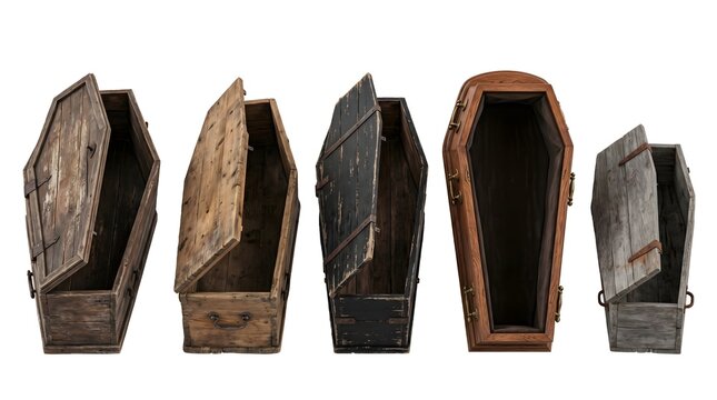 Halloween Empty Open Wooden Coffin Collection with Assorted Shapes and Colors Isolated on White Background