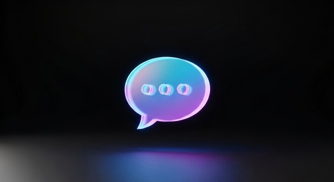 Floating holographic chat bubble icon with three dots, representing digital communication and messages on a dark background.