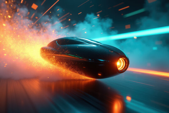 Futuristic Sleek Hover Car Speeding With Sparks And Light Trails