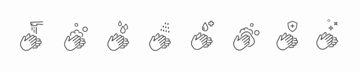 Fototapeta premium Hand washing icon set, hygiene steps with soap and water for health