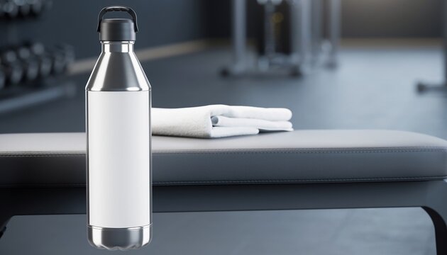 Blank stainless steel water bottle on gym bench