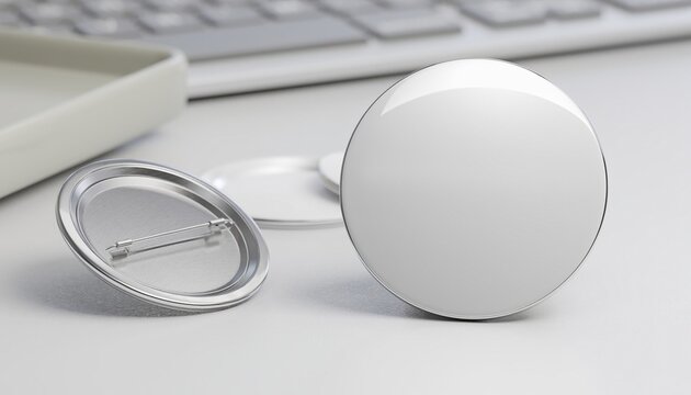 Blank pin button mockup on clean desk