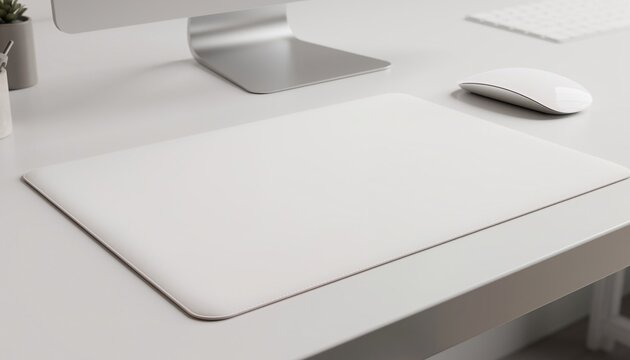 Minimal white desk with blank mouse pad mockup