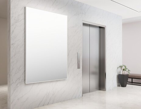 Minimalist elevator lobby with blank poster mockup
