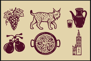 Stylized Spanish heritage illustration with grapes lynx jug gourds paella and Giralda tower © Abdul Waheed