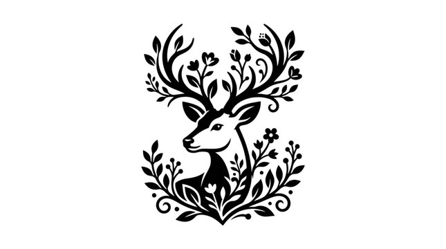 Elegant Deer Silhouette with Floral Antlers and Botanical Elements