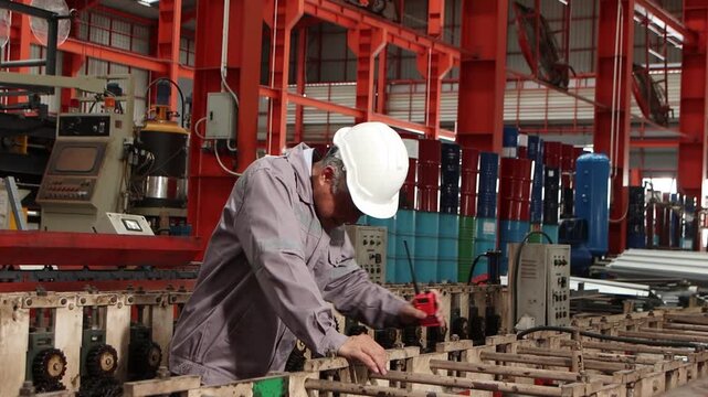 Asian senior foreman with safety helmet feels back pain while talks on walkie talkie while inspect machinery in manufacturing factory. Elderly worker has back pain during working in industrial site