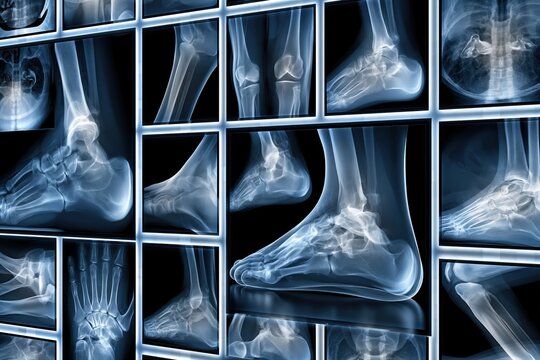 Collage of various X-ray images of human feet, ankles, and knees, showcasing skeletal anatomy.