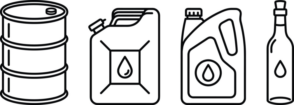 Industrial liquid and fuel container line icon set featuring barrel metal jerrycan plastic motor oil jug and glass bottle