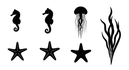 Underwater sea life silhouettes including seahorses and starfish. © ombg