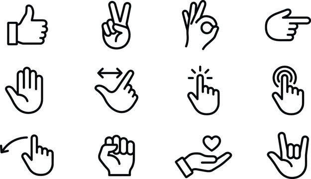 Hand gesture and touch screen cursor line icon set containing thumbs up peace ok click point and swipe symbols